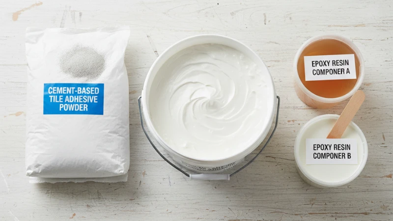 نمای واقعی انواع چسب کاشی شامل چسب سیمانی، چسب خمیری و چسب اپوکسی در محیط کار