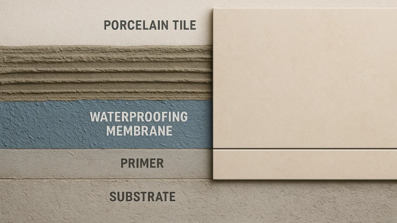 تصویر واقعی از لایه‌های سیستم نصب کاشی شامل زیرسازی، پرایمر، ممبران ضد آب، چسب و کاشی